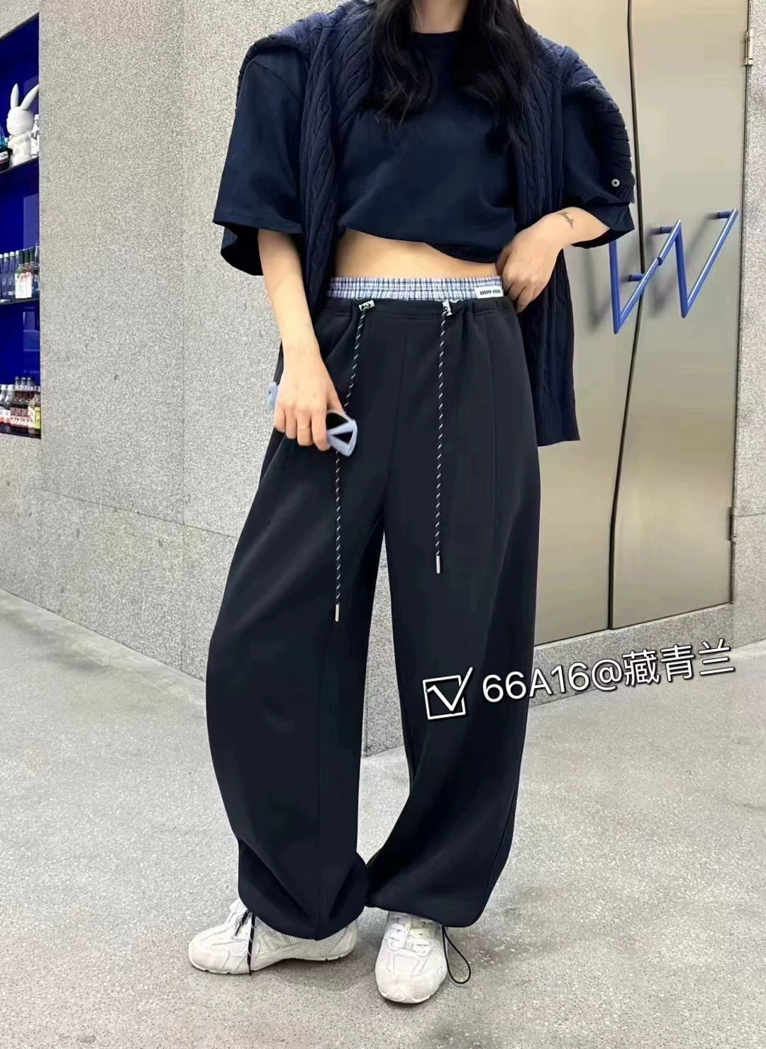 拼接高腰显瘦休闲裤女宽松垂感直筒阔腿束脚运动裤