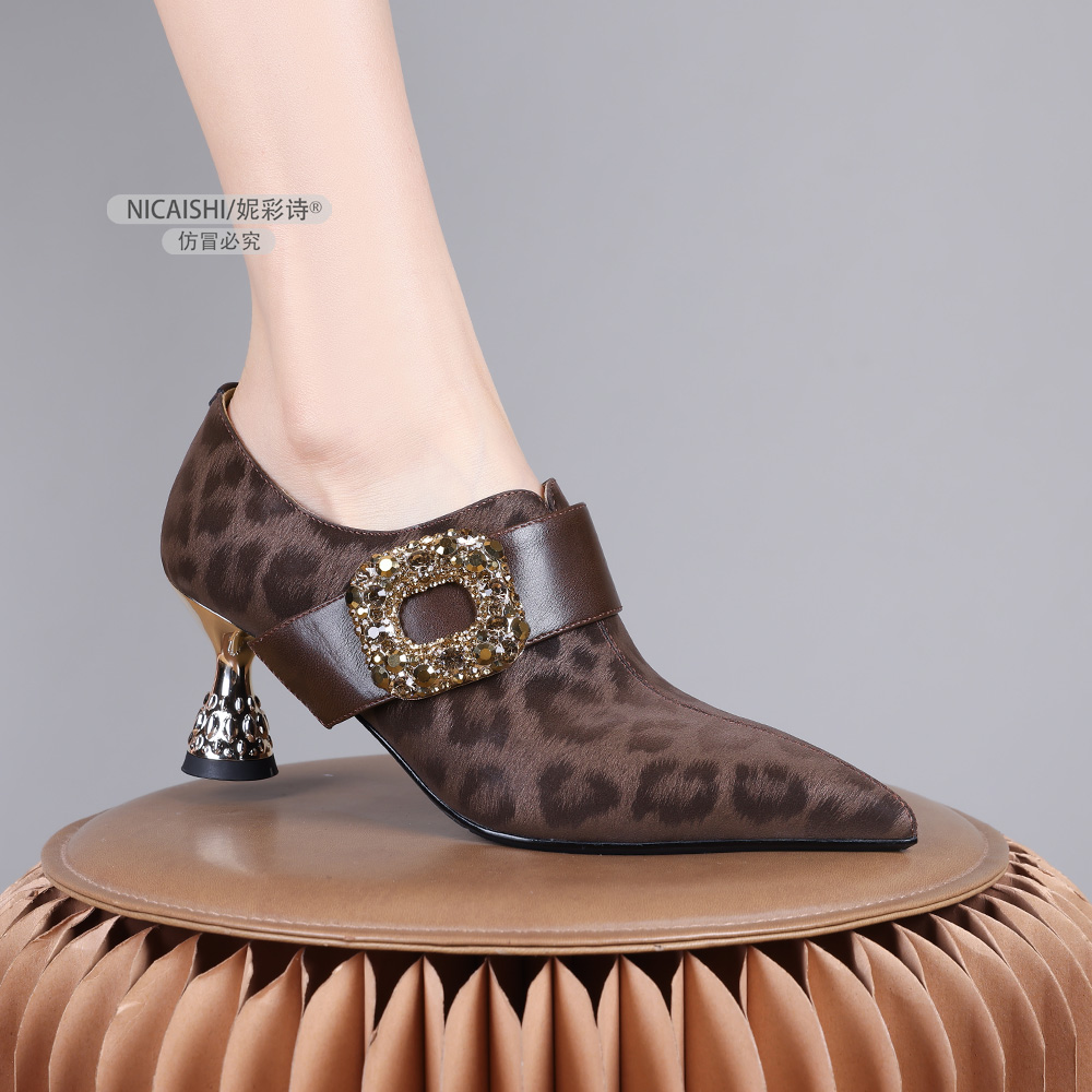 2026年新款欧美高级感气质粗跟尖头窝窝鞋时尚豹纹尖头单鞋6014