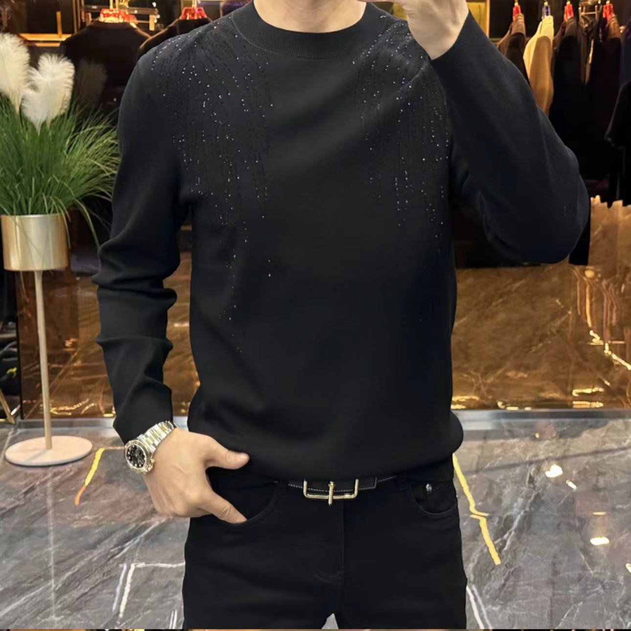 2024新款秋冬男士长袖针织休闲潮流潮流加绒修身半高领打底衫