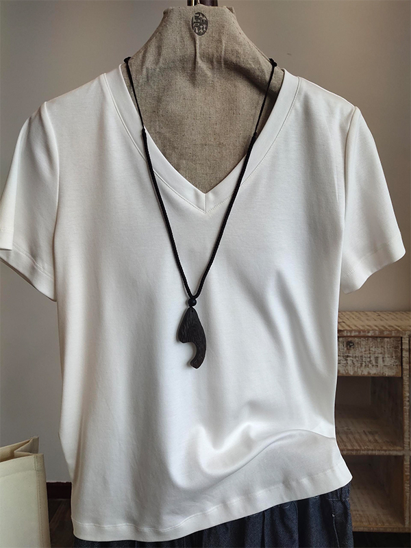 女装瑕疵品20322116短袖V领修身半袖文艺修身女士T恤通勤风韩版