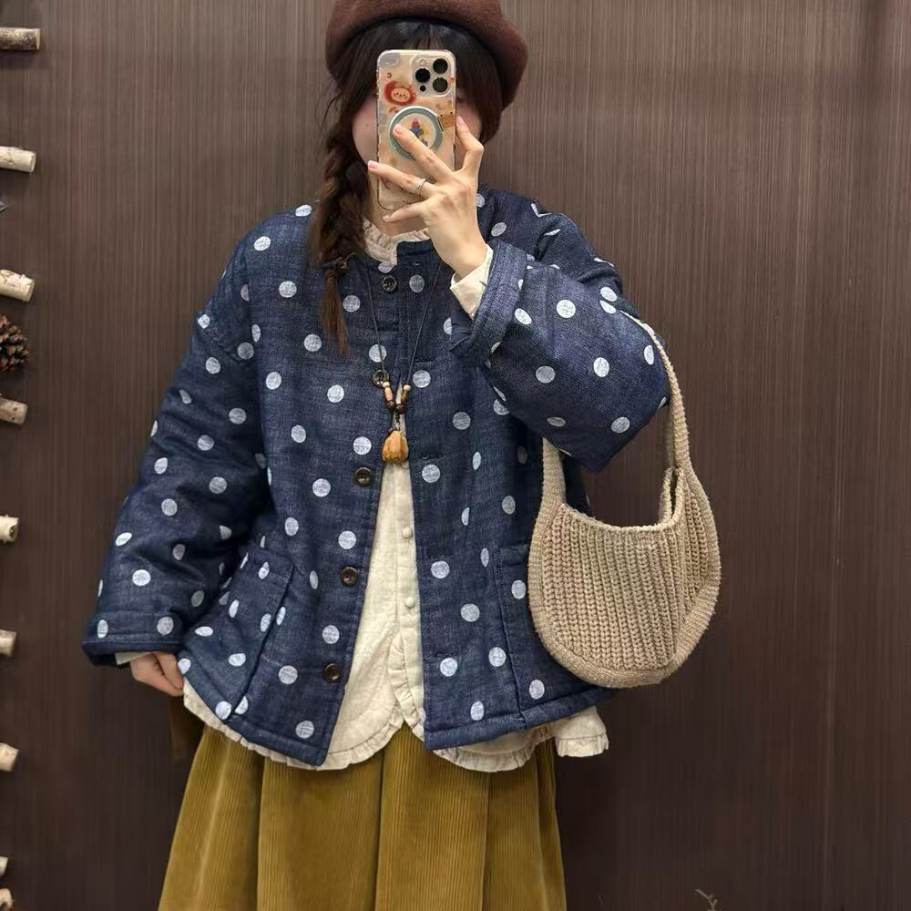 LD#5923#日系复古波点加棉加厚棉服外套 FL