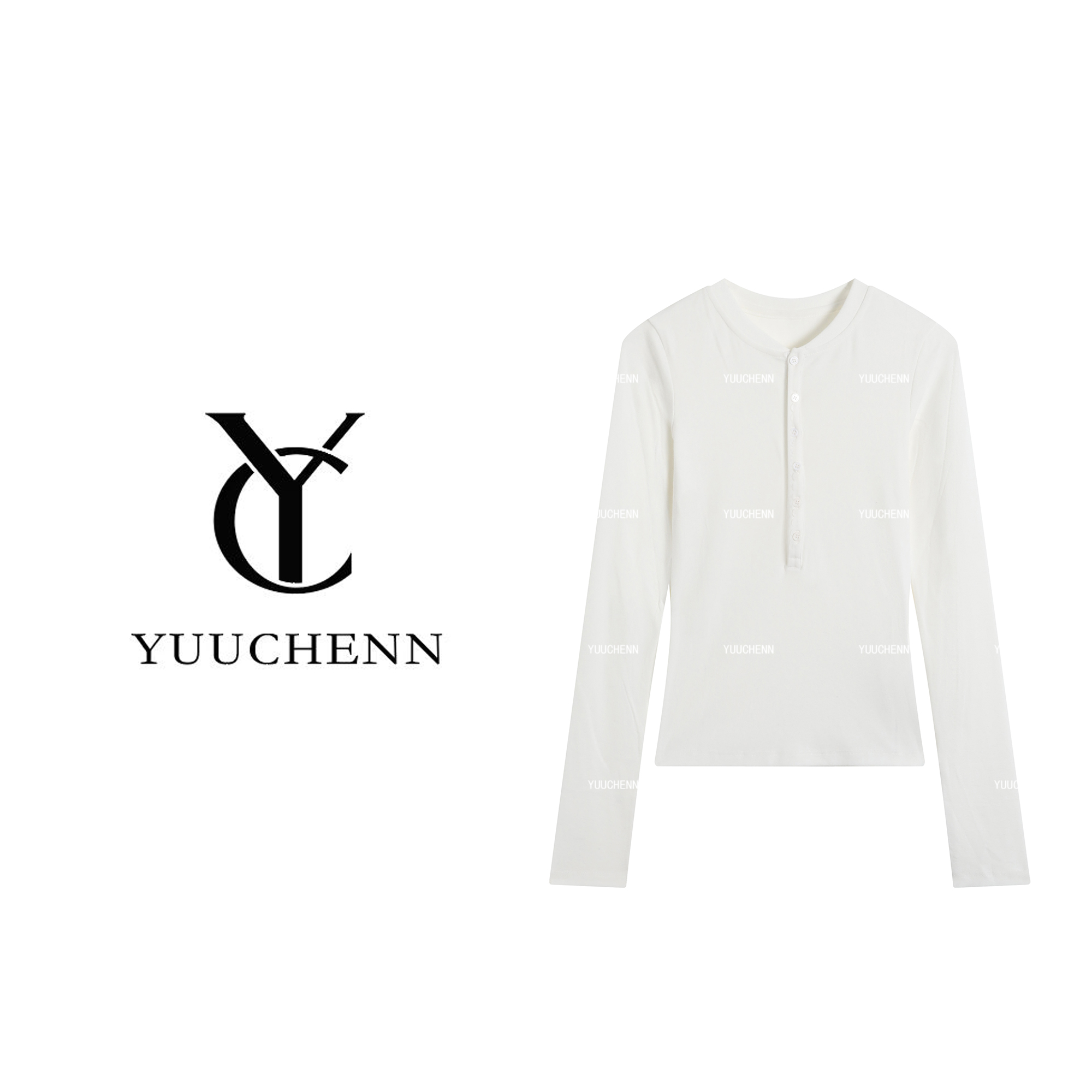 YUUCHENN女士纽扣气质修身型T恤长袖百搭圆领学院风23C19815