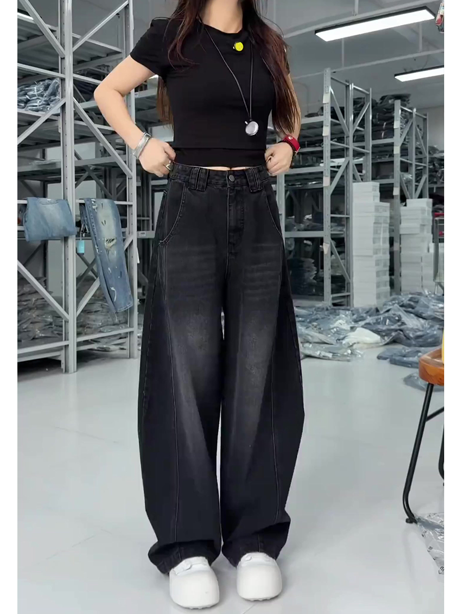 2025早秋新款大码女装高腰牛仔裤梨形显瘦宽松拖地弯刀阔腿裤