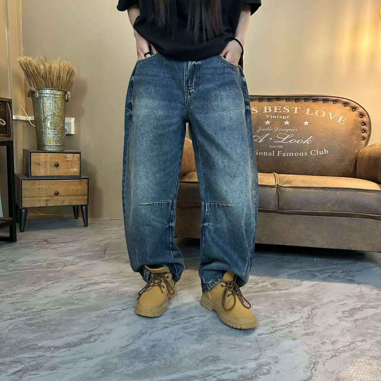 【玖澍男装】113长裤水洗秋季拉链裤子宽松做旧弯刀立裁春秋牛仔裤