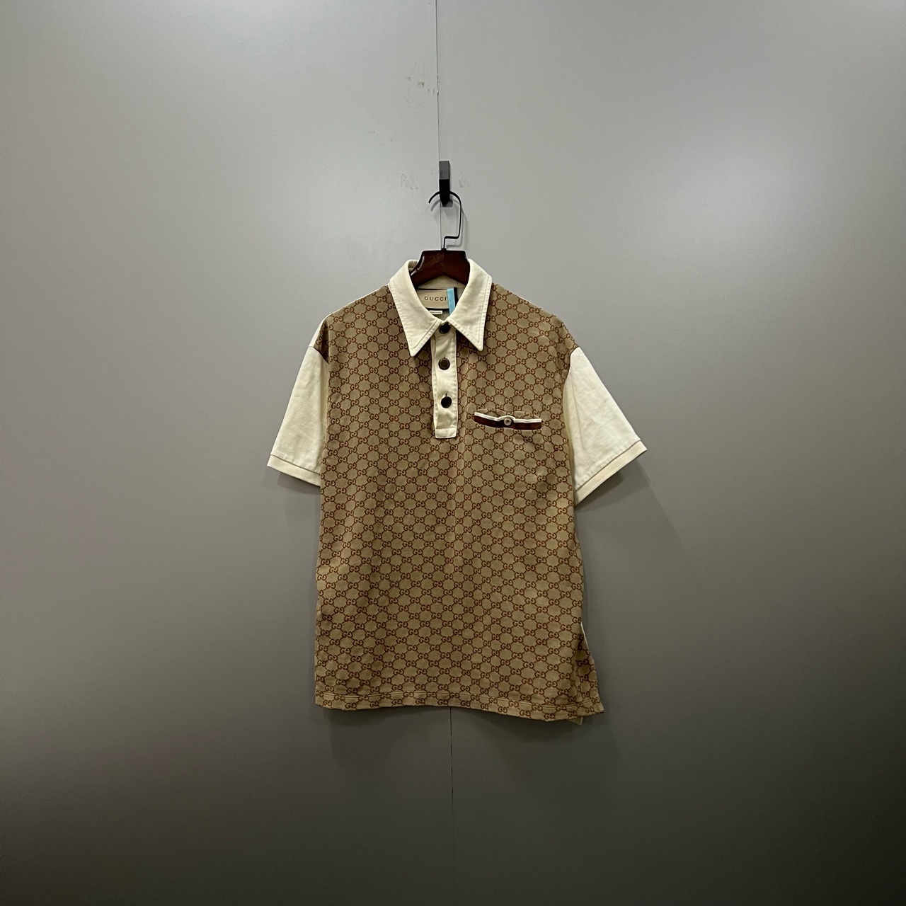 99新 GUCCI/古驰 (ll)老花拼接满印polo衫 XS码 fg203065