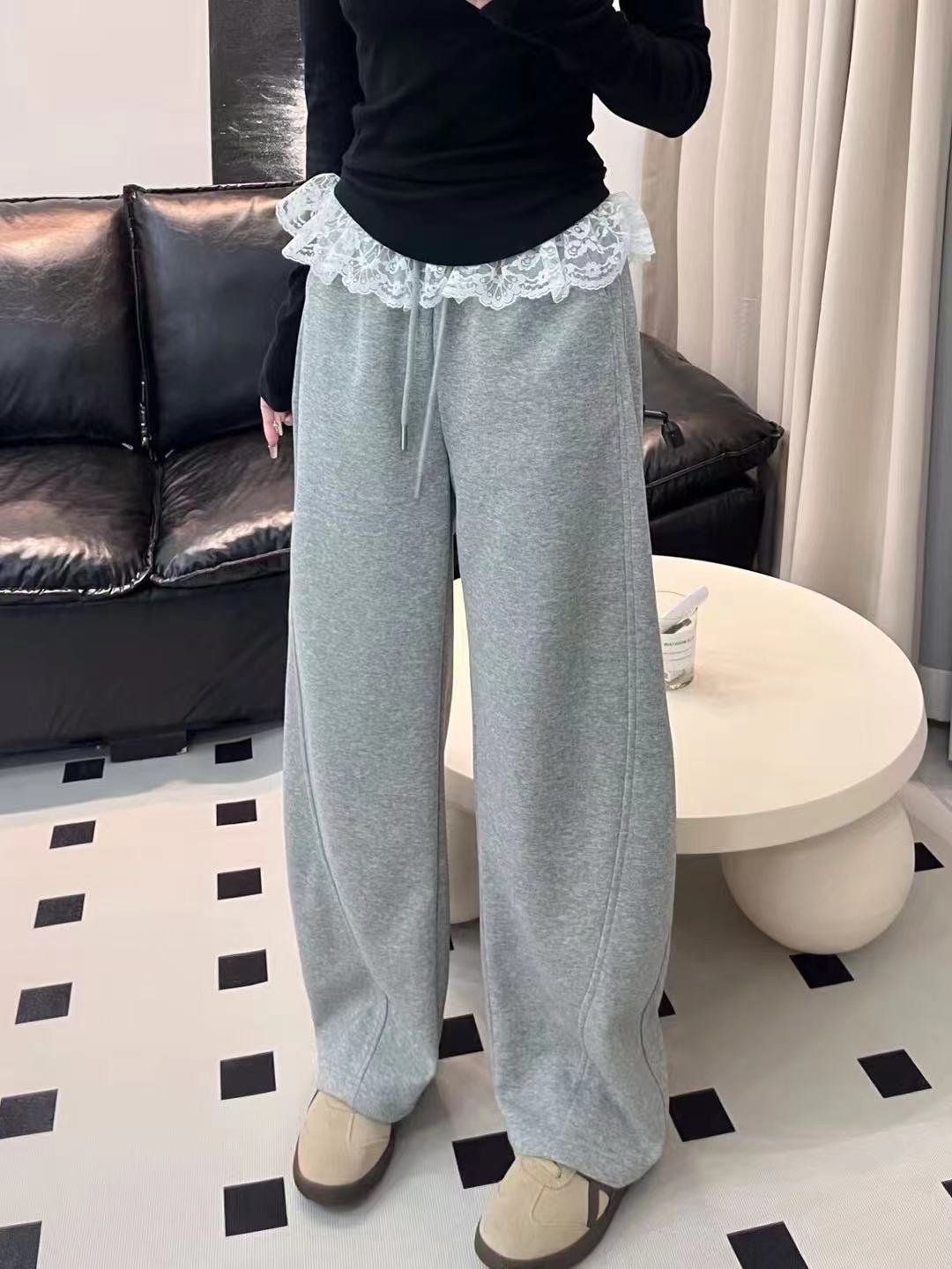 2025春季新款蕾丝花边宽松高腰显瘦休闲直筒阔腿卫裤弯刀裤减龄款