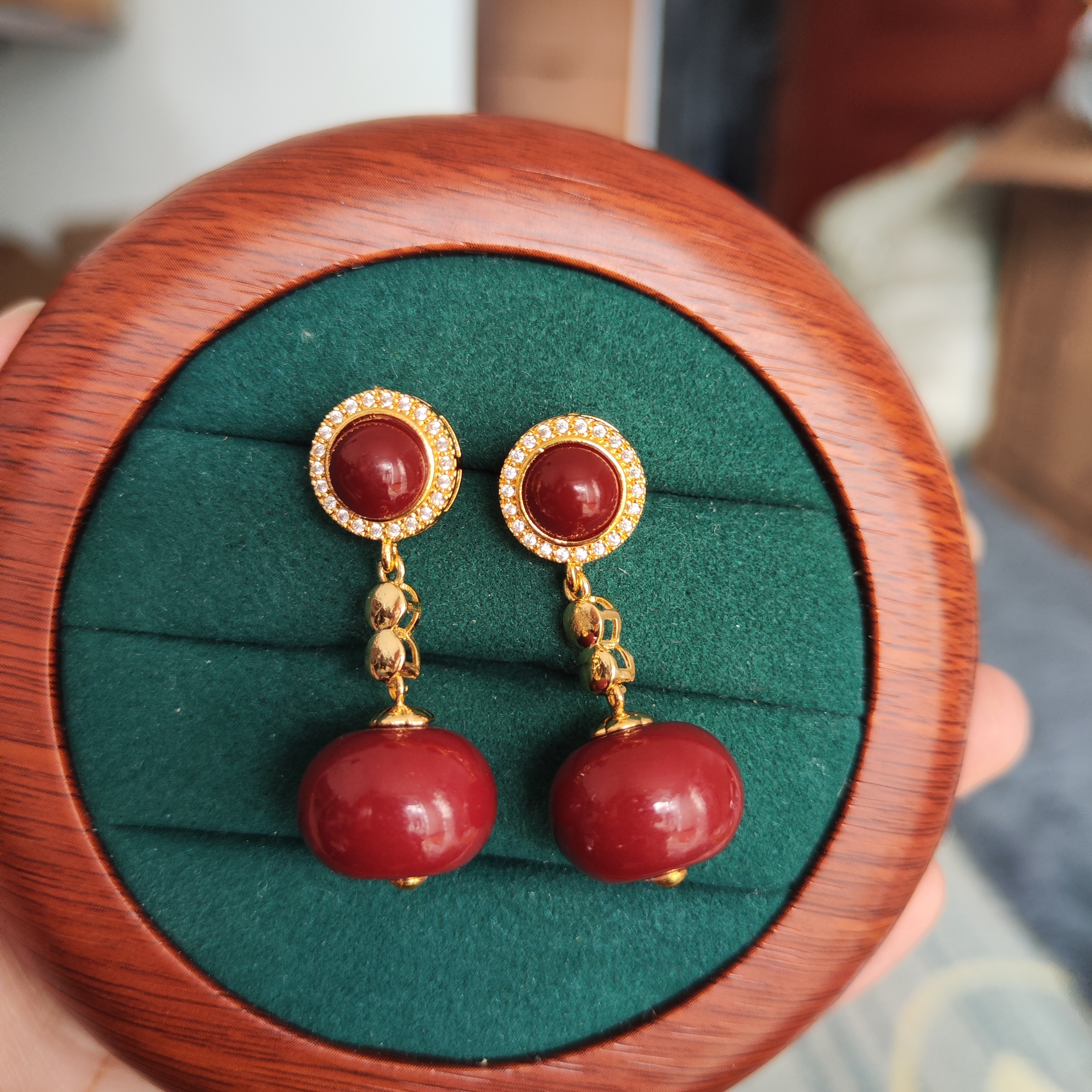 铜合金锆石耳饰  藏式民族风红色复古气质百搭新款耳环