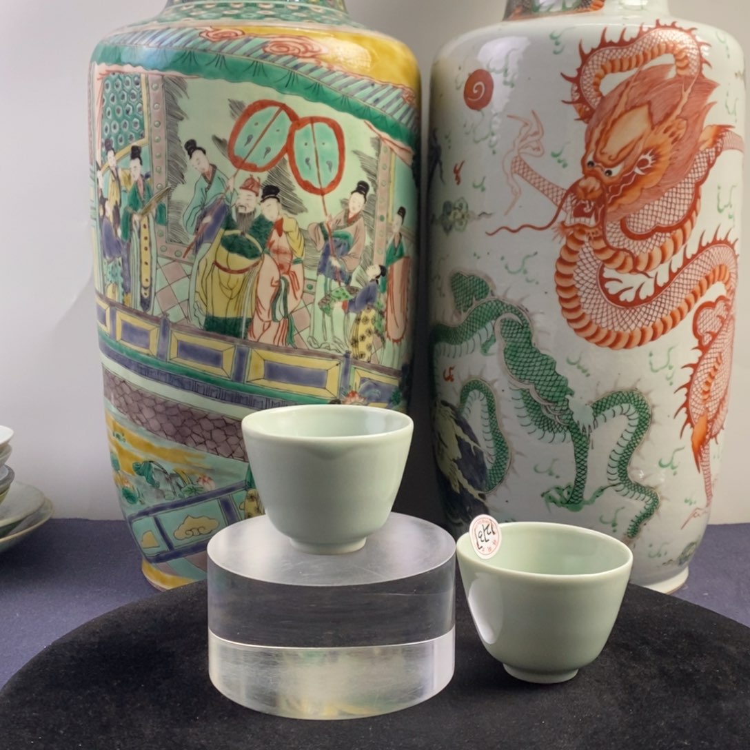 杯子陶12737瓷器—豆青釉杯一对