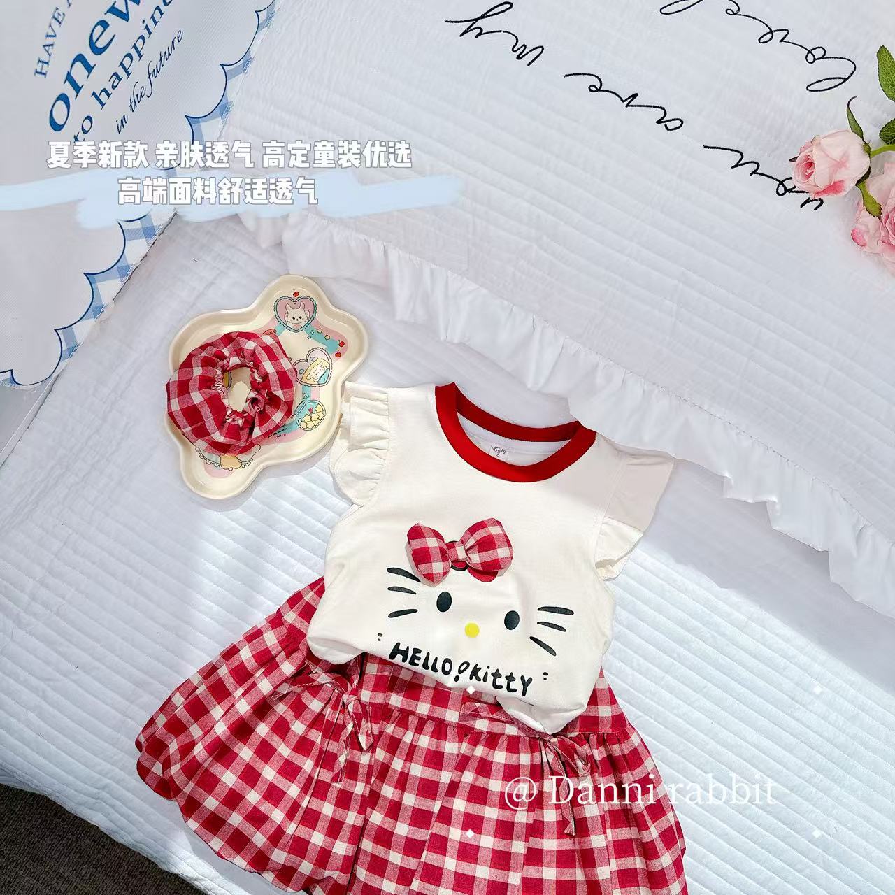 【Dannirabbit】*可可爱爱蝴蝶结猫咪格子+女童套装*X-7372