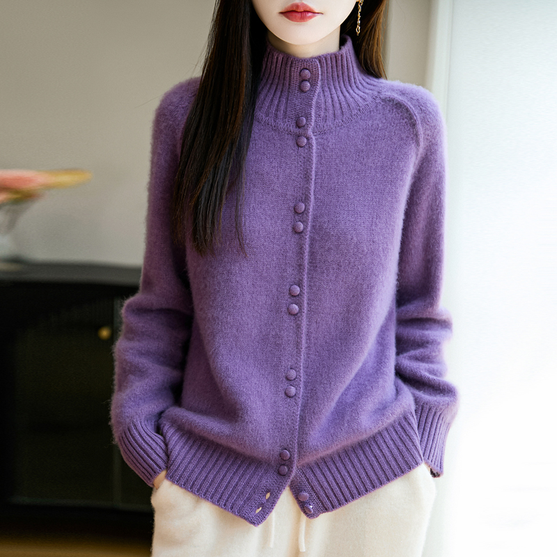 100纯羊毛开衫女士高立领包扣毛衣外套加厚针织打底绒衫外搭叠穿