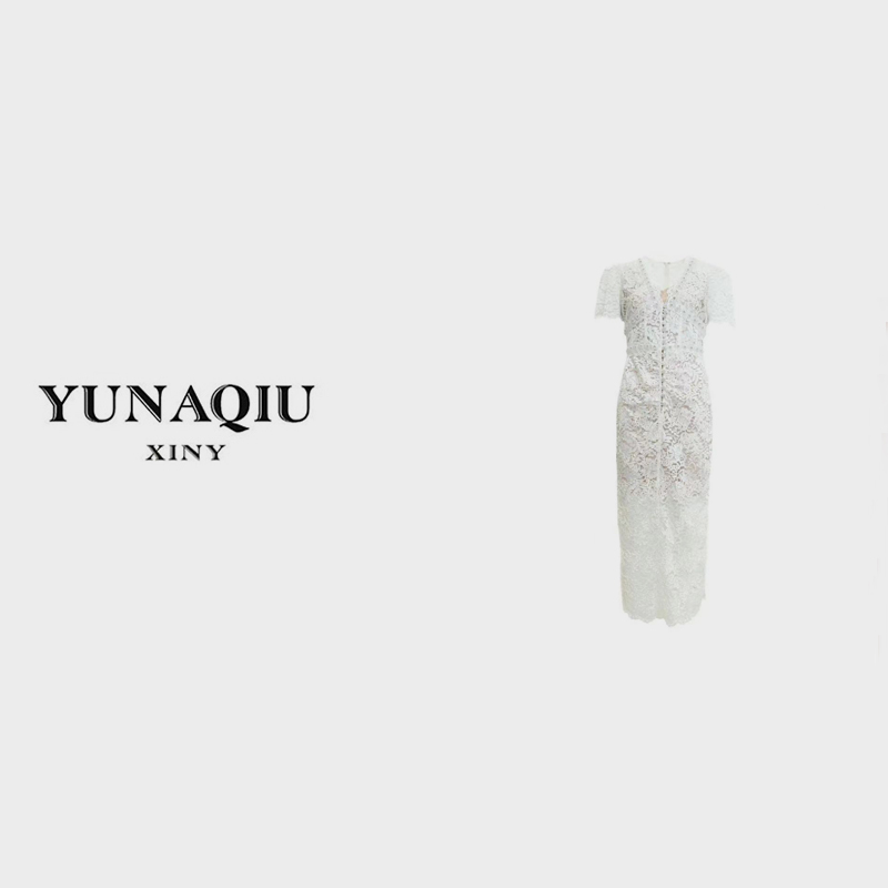 YUNAQIU夏季新款白色蕾丝珍珠钻名媛宫廷风优雅收腰裙-8083