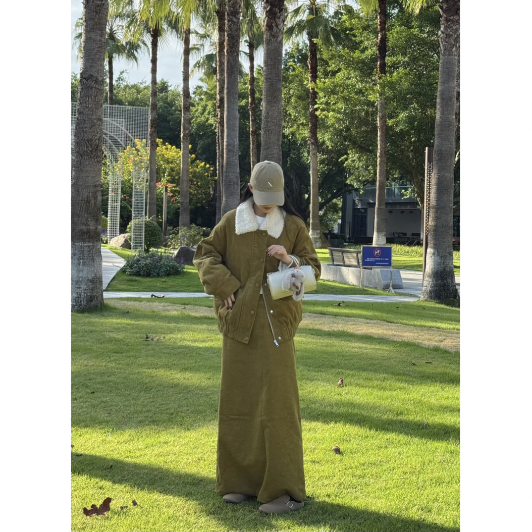 漂亮姐姐～冬季复古显瘦灯芯绒羽绒外套+后松紧腰半身棉裙套装