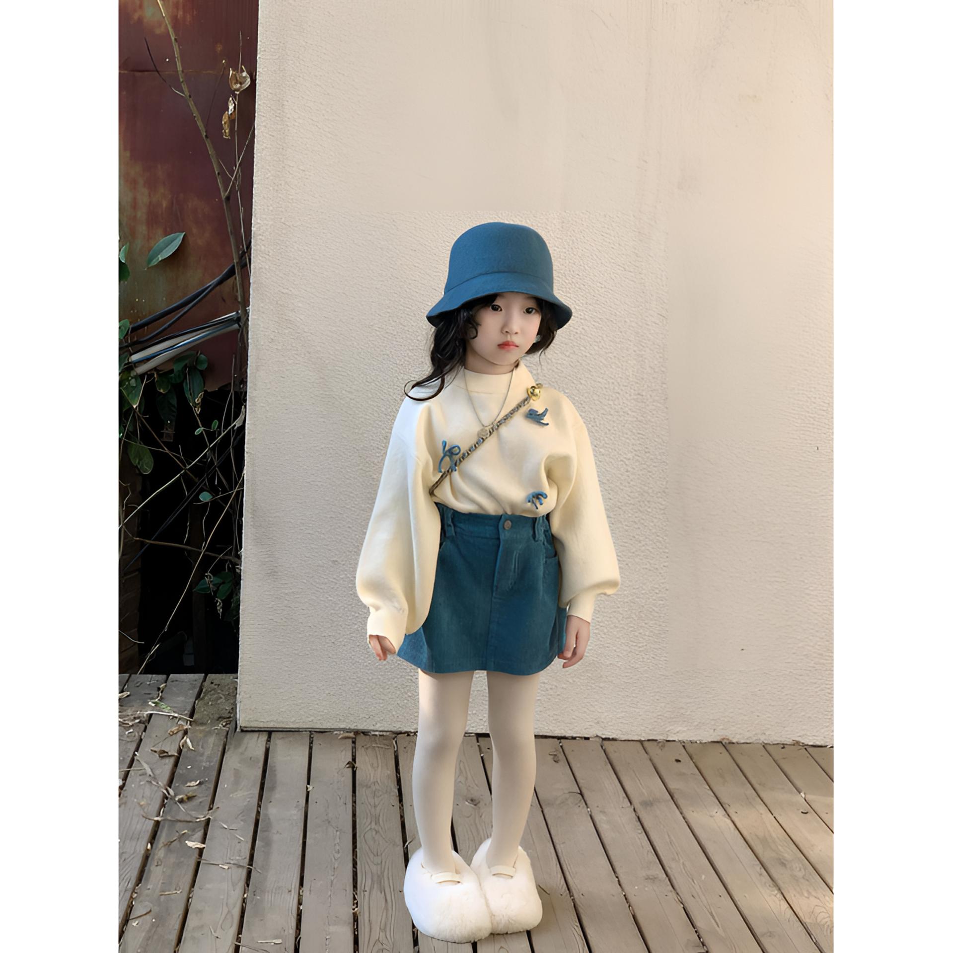 Bmy2025wt 冬季新款女童保暖蝴蝶结针织毛衣可爱秀气坑条短裙套装