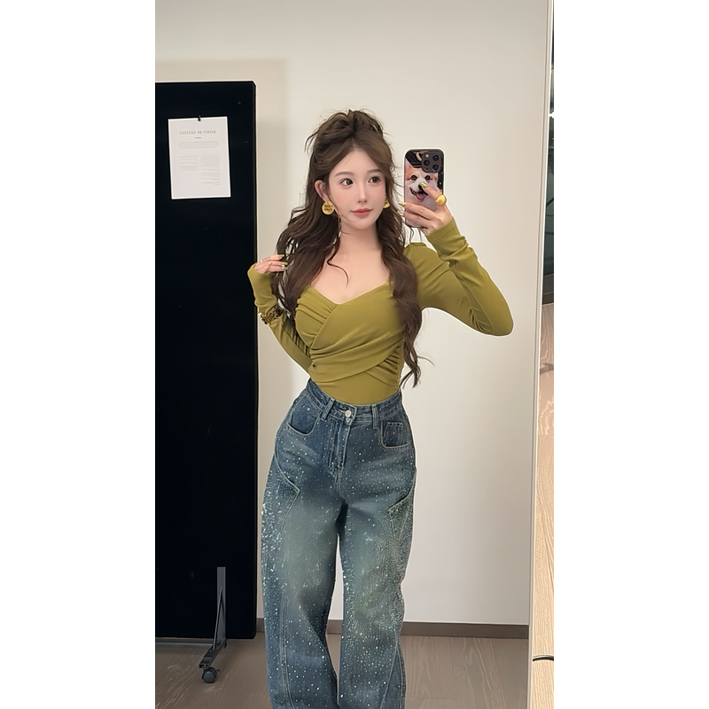 秋季新款长袖拼接T恤常规设计感纯欲风短款修身显瘦