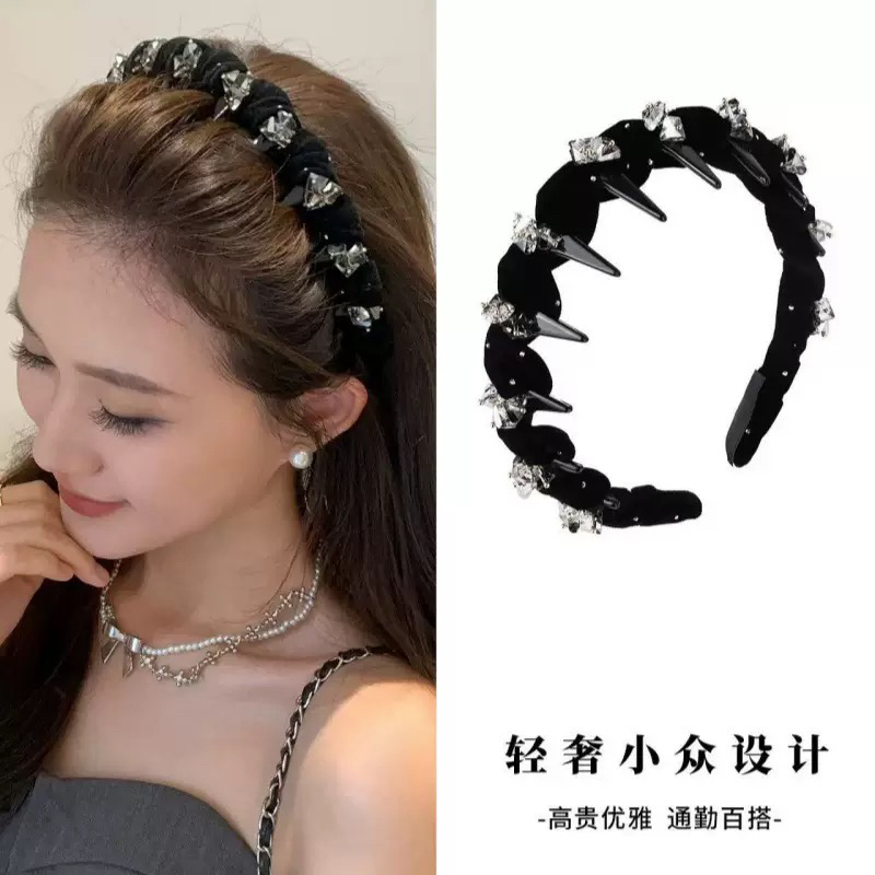 冬季新款丝绒水晶满天星发箍韩版带齿缠绕增高颅顶头箍防滑发卡女