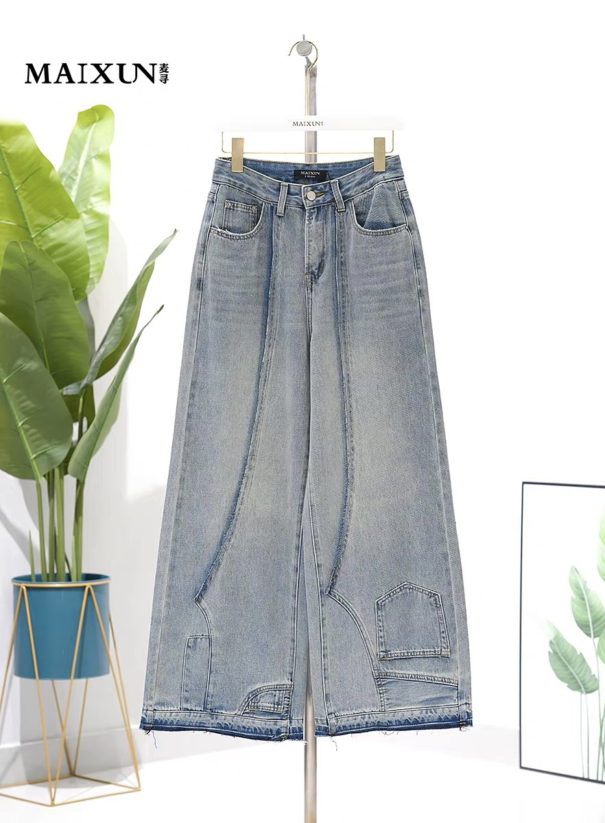 麦寻春季新款KCNCS09B浅牛仔蓝高腰复大阔腿裤弯刀牛仔裤帅酷个性