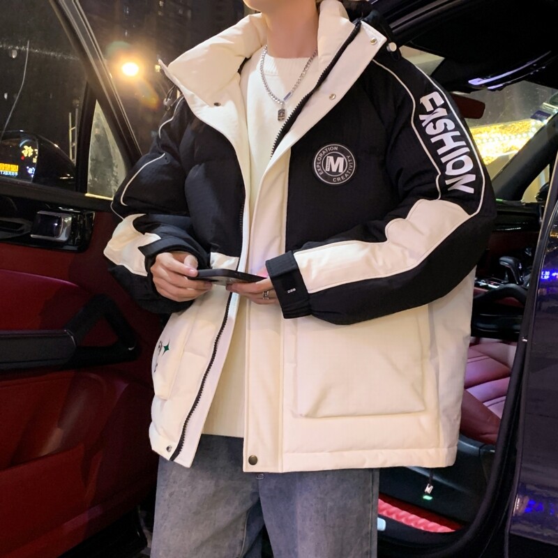 2024冬季新款青少年宽松休闲百搭羽绒服外套时尚连帽潮流印花撞色