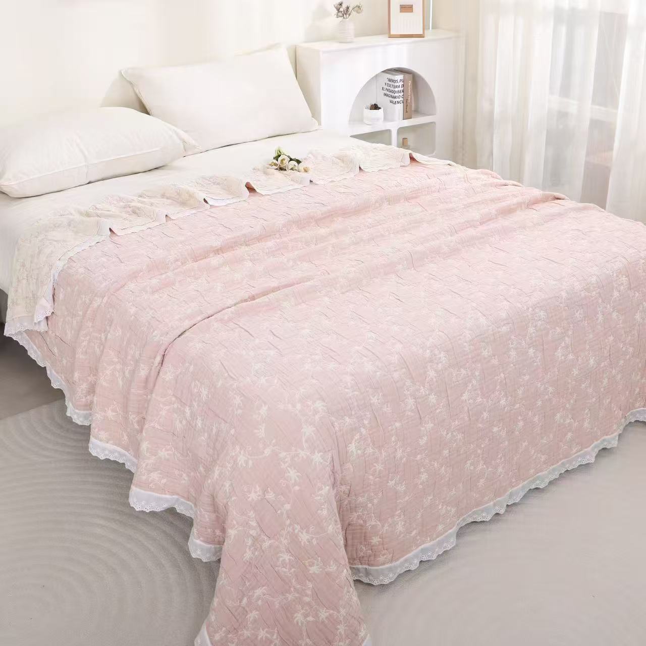 M【枫韵-粉】200*230cm棉麻亲肤多功能床盖家用简约床盖