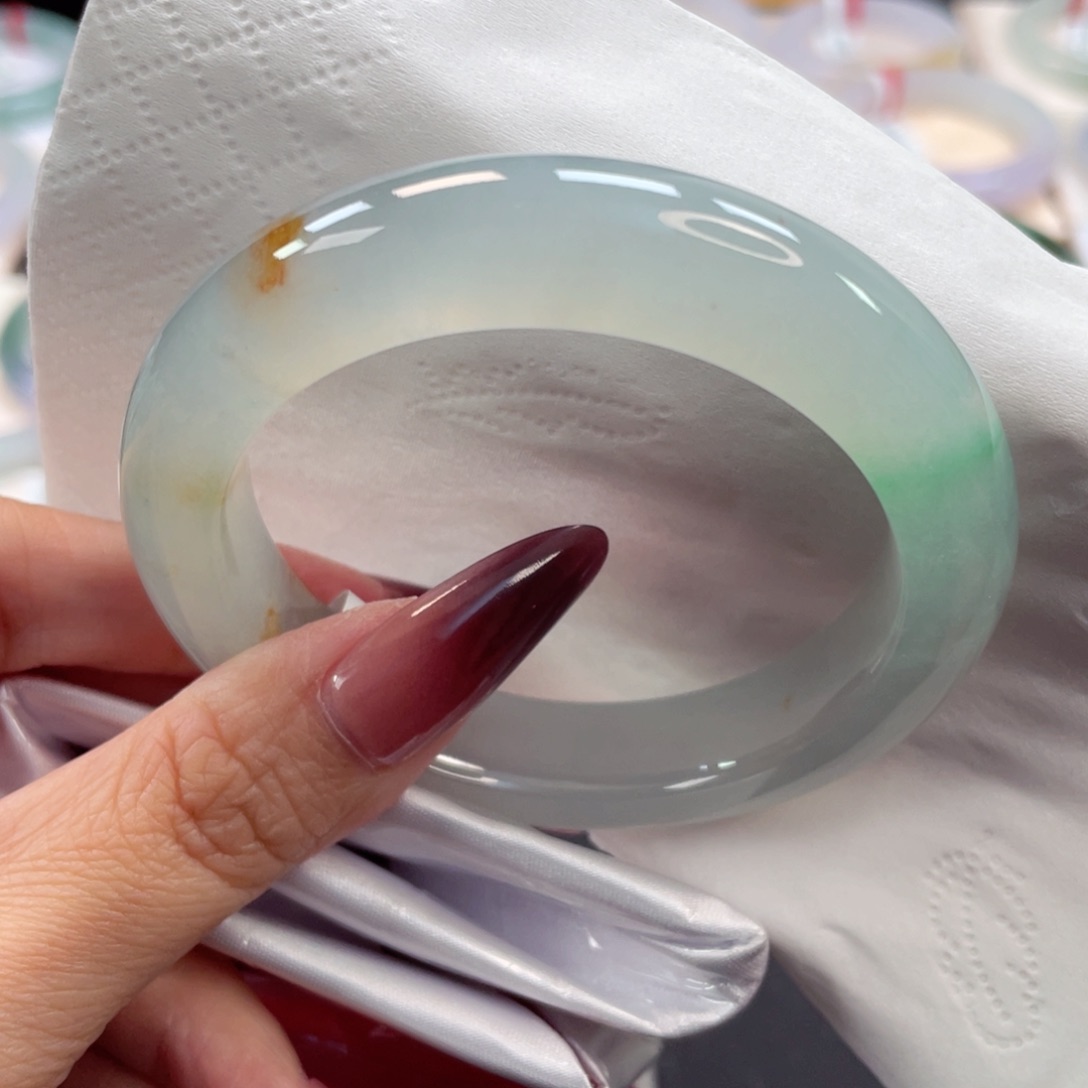 未镶嵌手镯翡翠30号55厚装全胶化冰晴绿飘黄加绿花