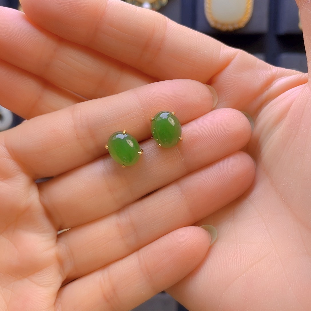 和田玉耳饰银S925镀金镶嵌