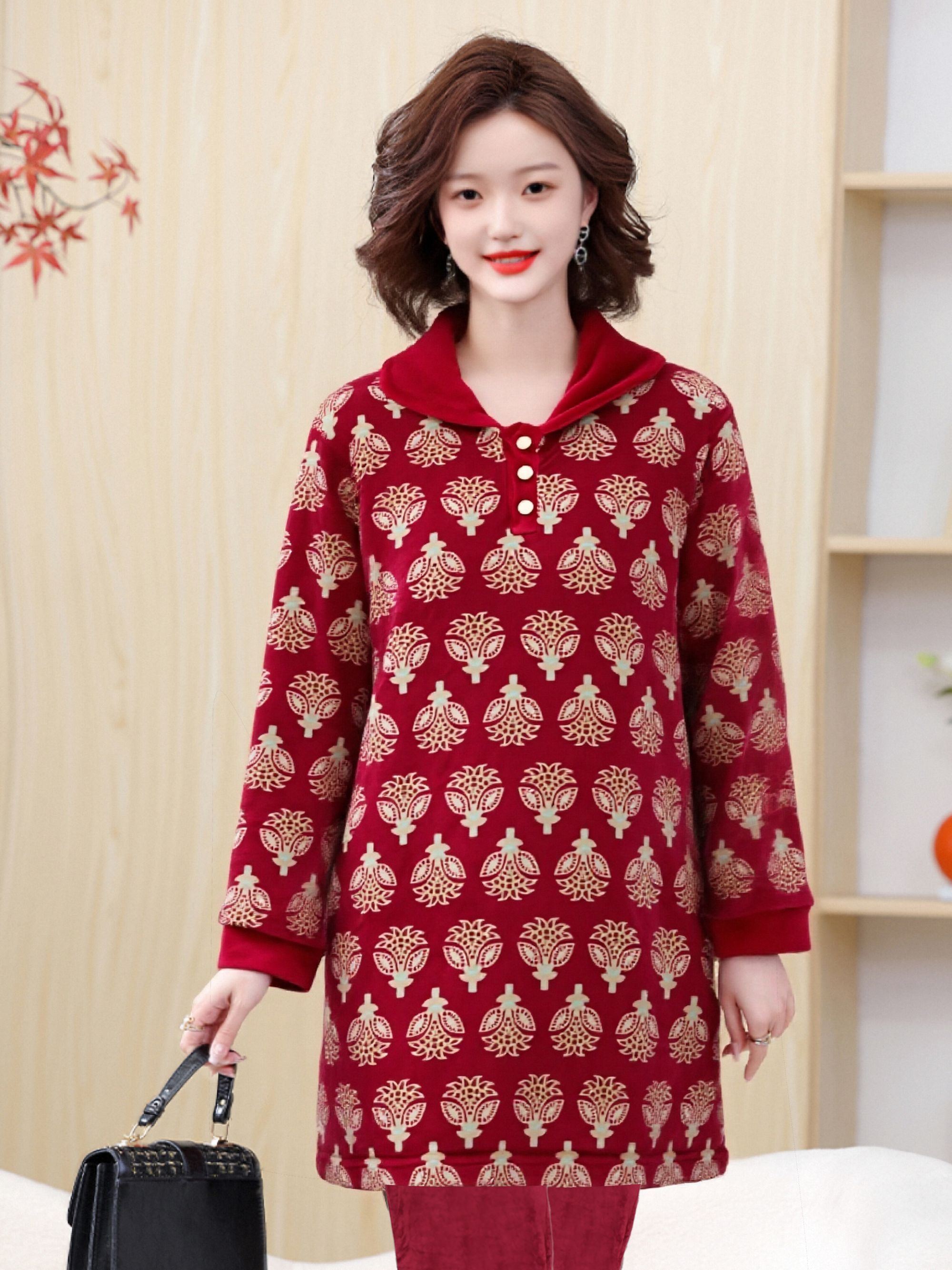 中长款家居服女士翻领时尚绒面睡衣长袖长裤睡衣套装S591