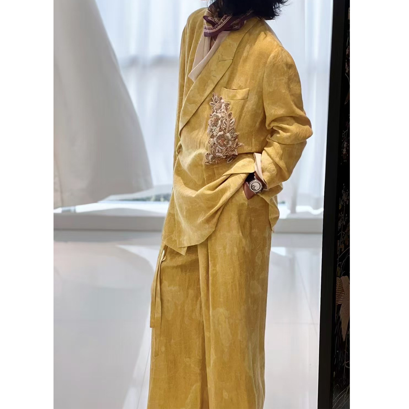 高级感重工钉珠提花套装新中式国风宽松绑带西装外套阔腿裤两件套