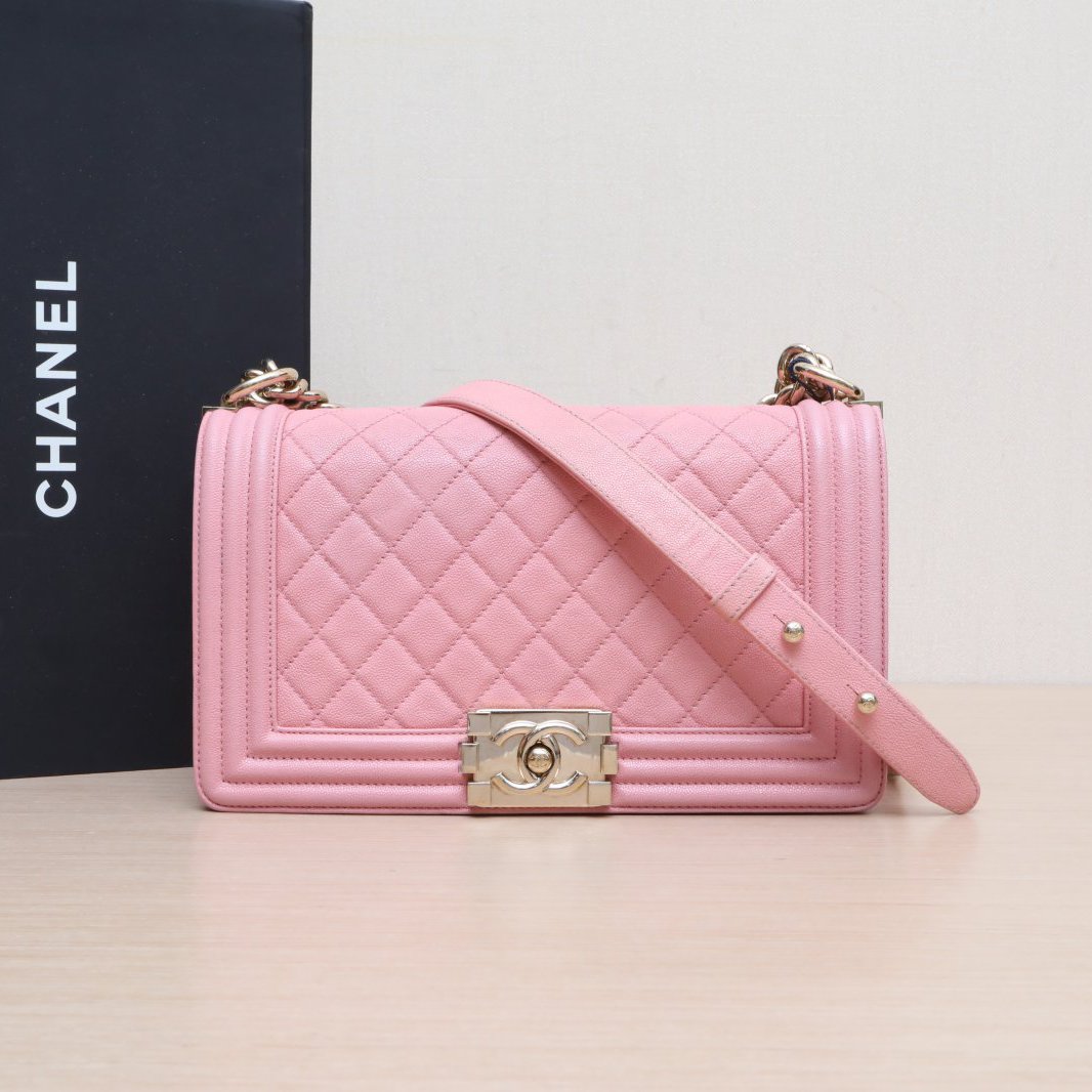 95新 Chanel/香奈儿 小花双双 Leboy 中号 粉色 荔枝皮革C 27开