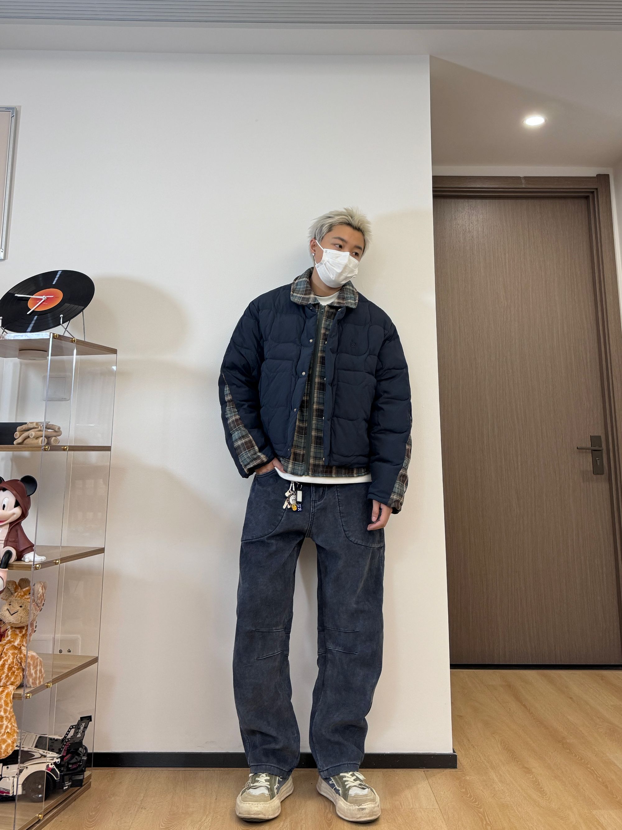Ninjazz 日系短宽版假两件格子防水拼接衬衫式绗缝90白鸭绒羽绒服