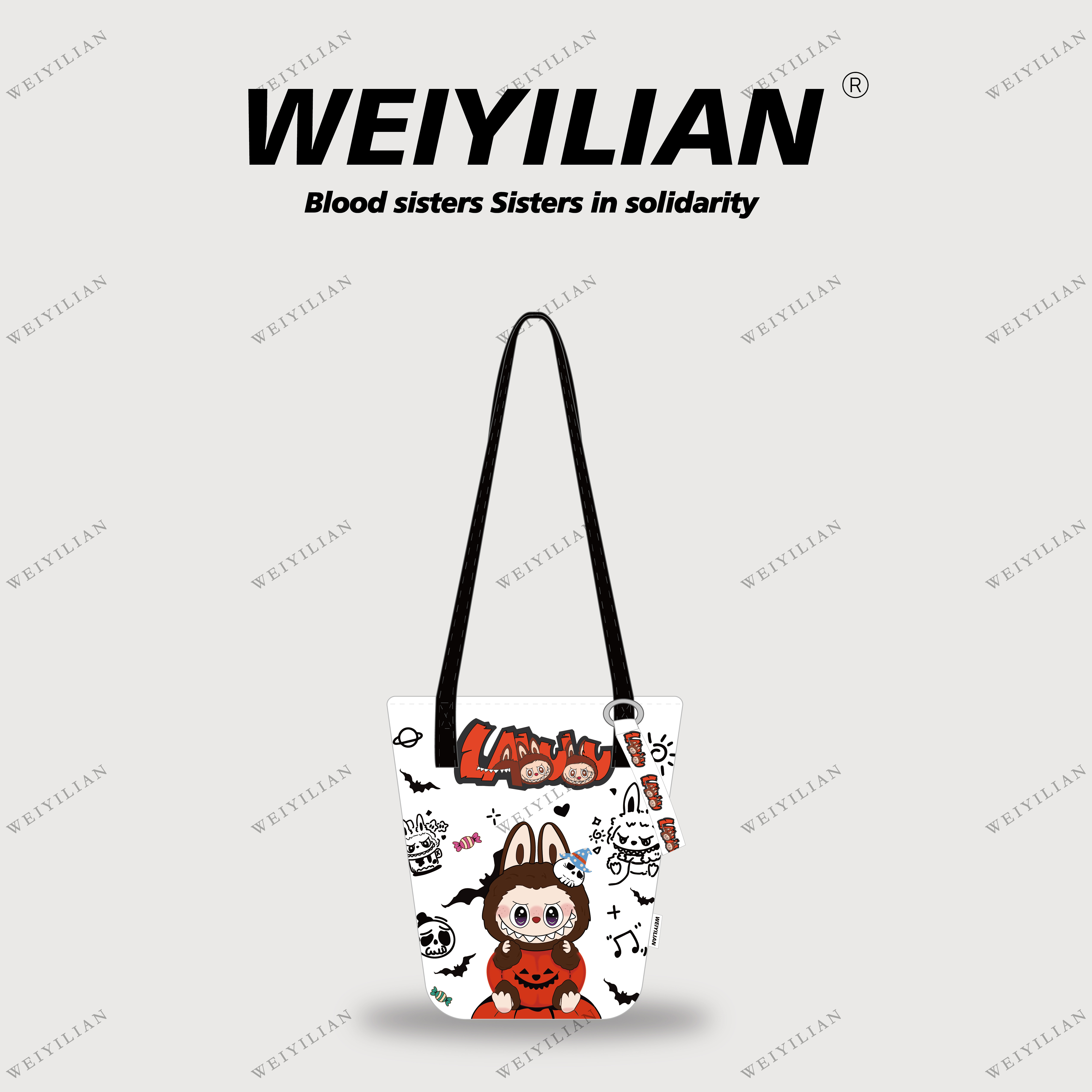 WEIYILIAN森系luck噗噗黑白配色卡通设计原创斜挎水桶包WYL561-2