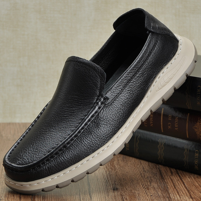 春夏超轻男士休闲皮鞋男款软面羊皮透气实心发泡软底一脚蹬懒人鞋