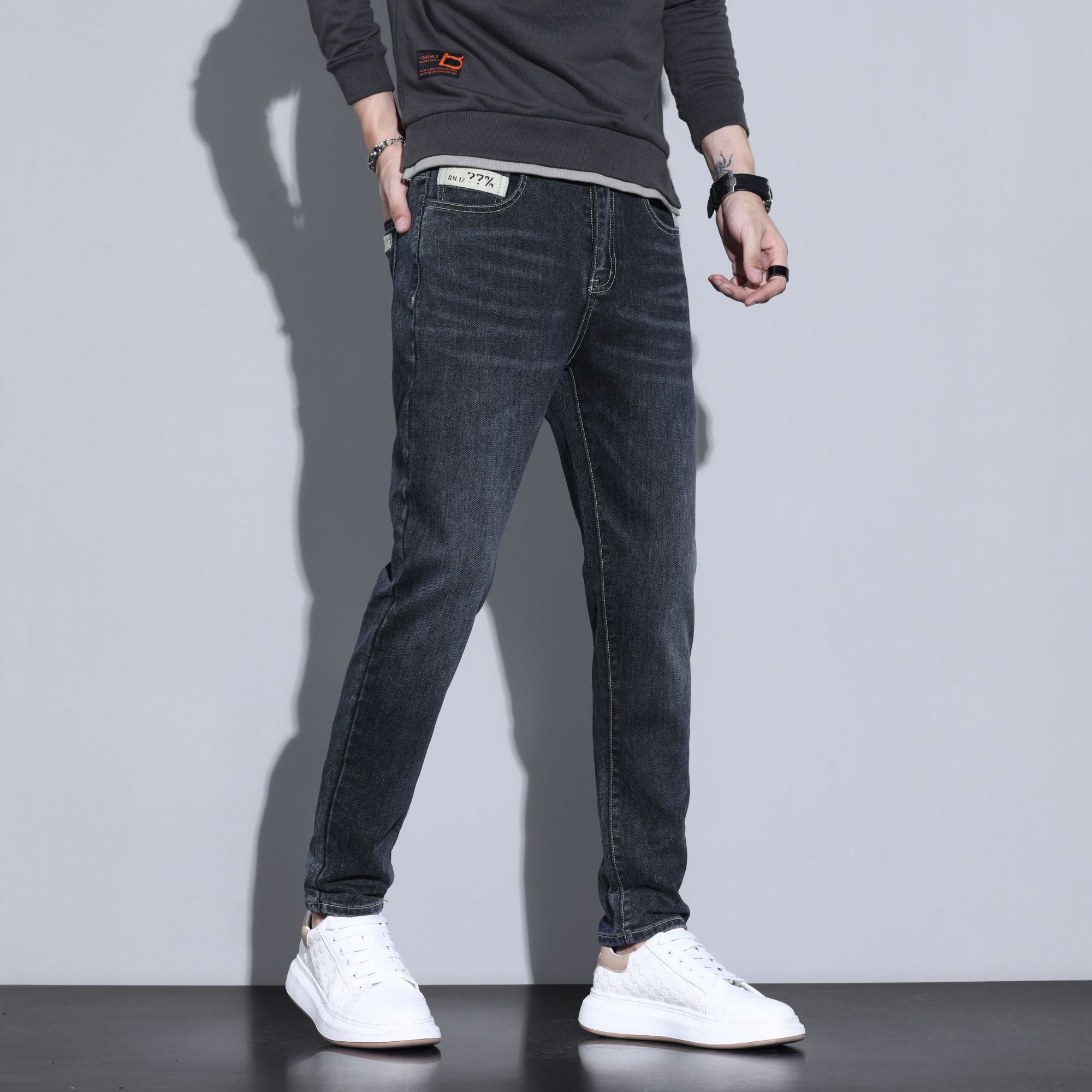 2025秋冬牛仔裤男弹力9分直筒厚款加绒修身休闲百搭潮流男士裤子