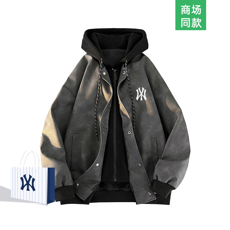奥特莱斯秋冬款假两件拼接连帽外套男麂皮绒宽松休闲情侣夹克