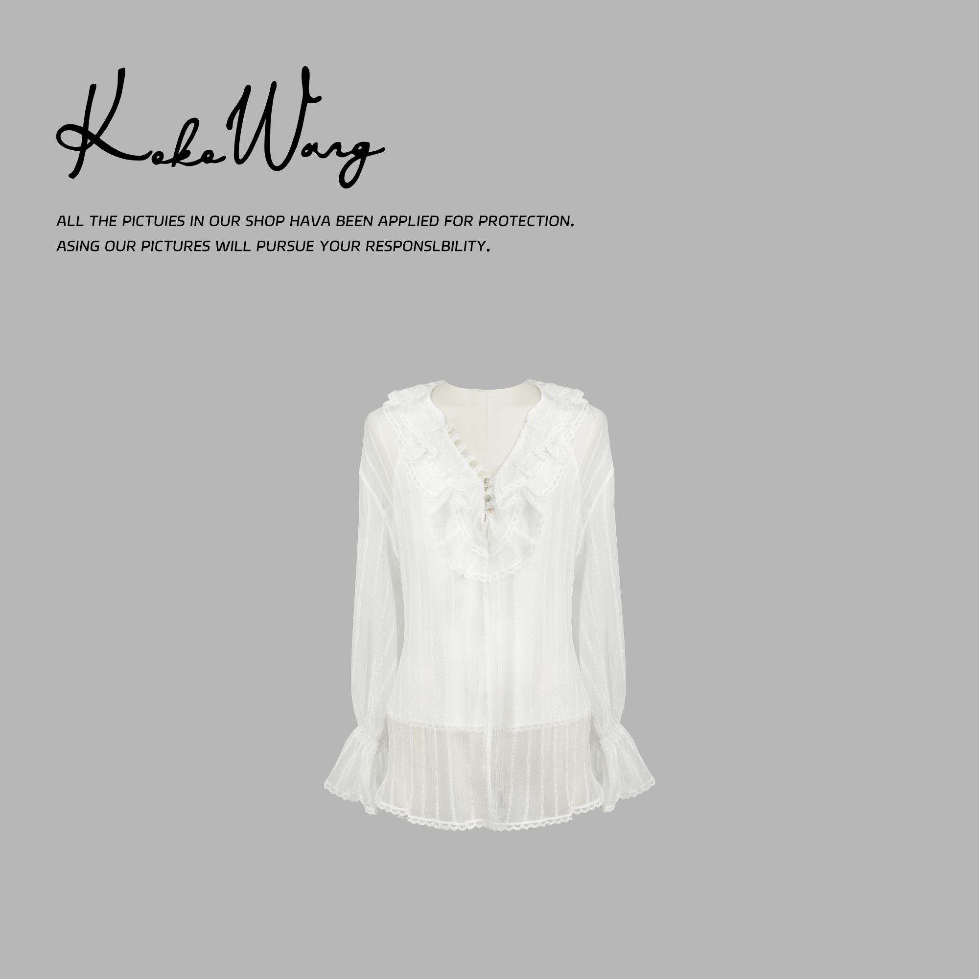 KOKOWANG法式复古荷叶边V领喇叭袖设计感显瘦衬衫上衣N0685A04T42