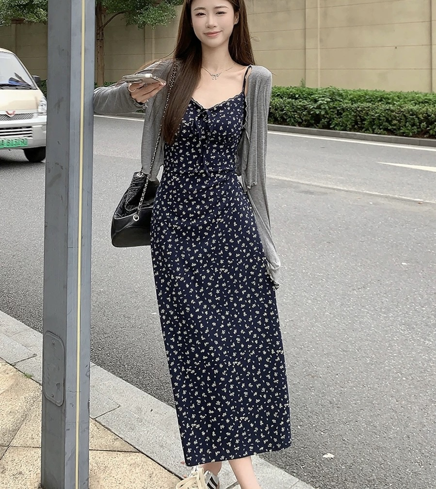 0031#法式温柔风碎花吊带连衣裙女2025年夏季新款开衫两件套