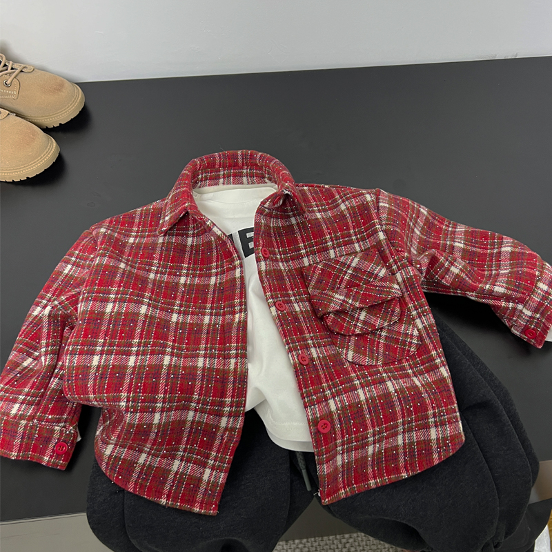 男童红色衬衫儿童加绒加厚衬衣2025冬季新款男孩过年喜庆上衣帅气