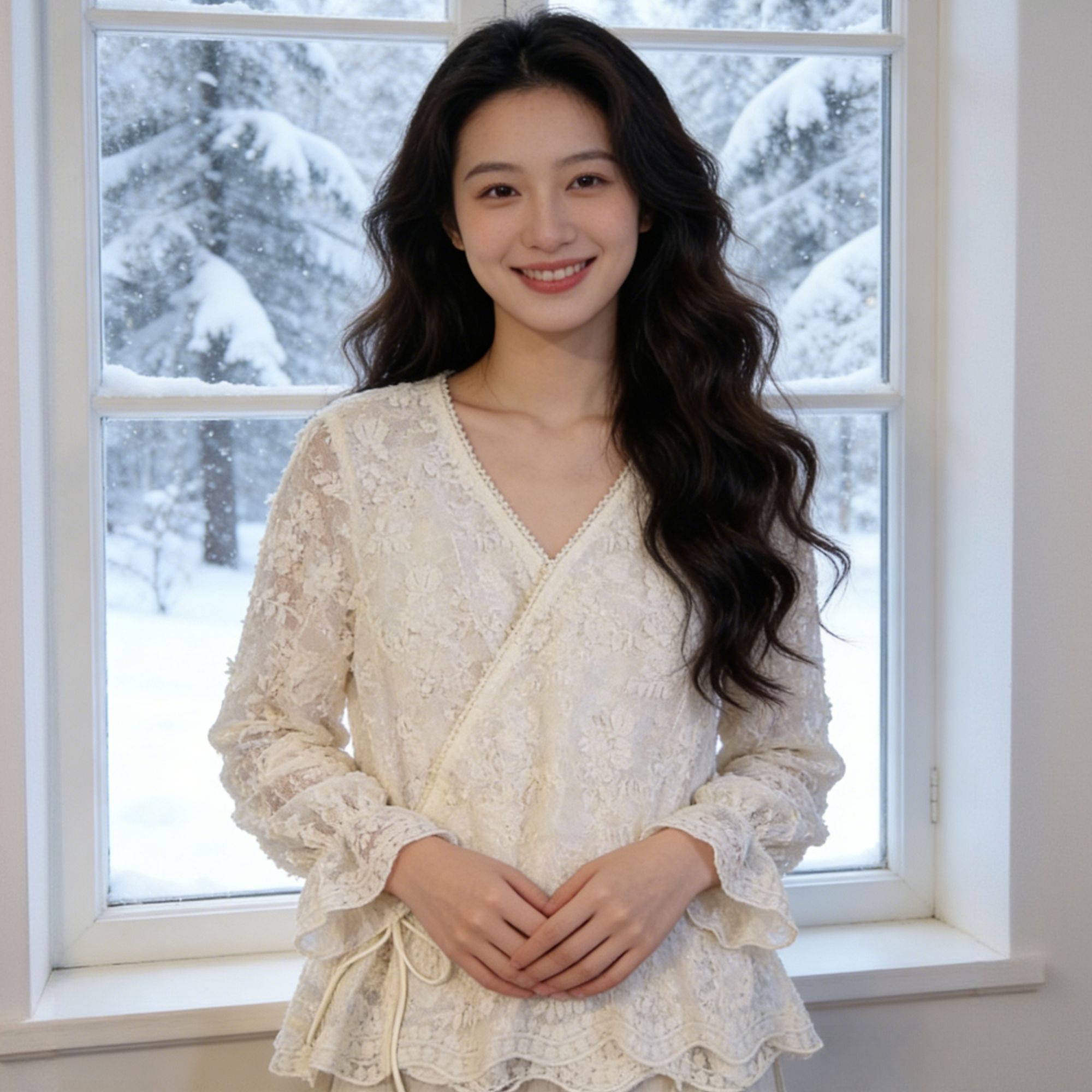 棉花糖大码雪纺衫常规V领宽松型蕾丝喇叭袖蕾丝衫长袖小性感