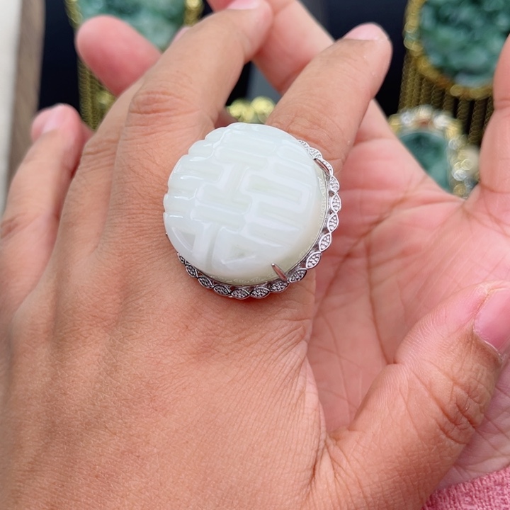 透闪石-蛇纹石玉戒指银S925镶嵌