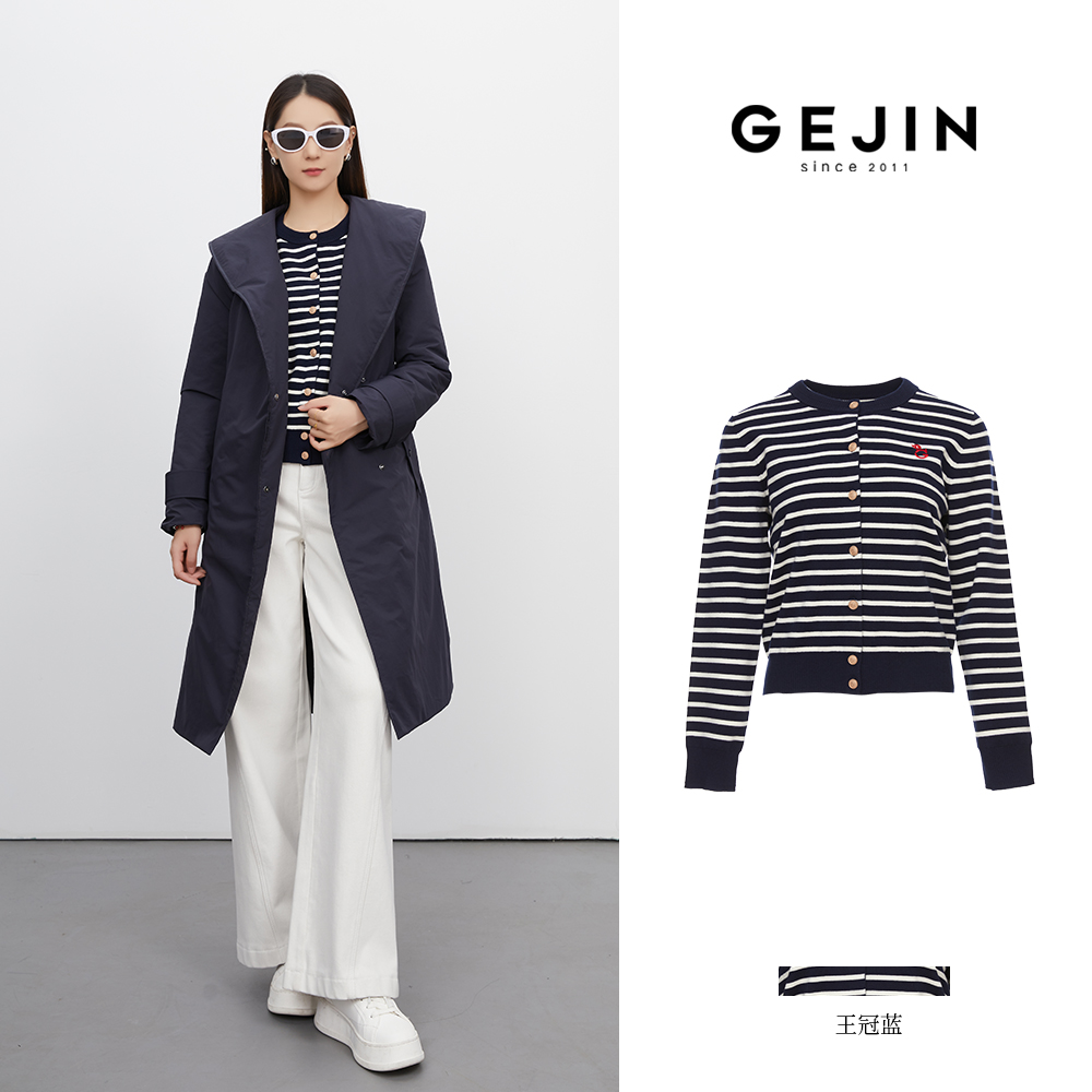 GEJIN/歌锦秋冬新款长袖圆领休闲女条纹刺绣设计针织衫9432562524