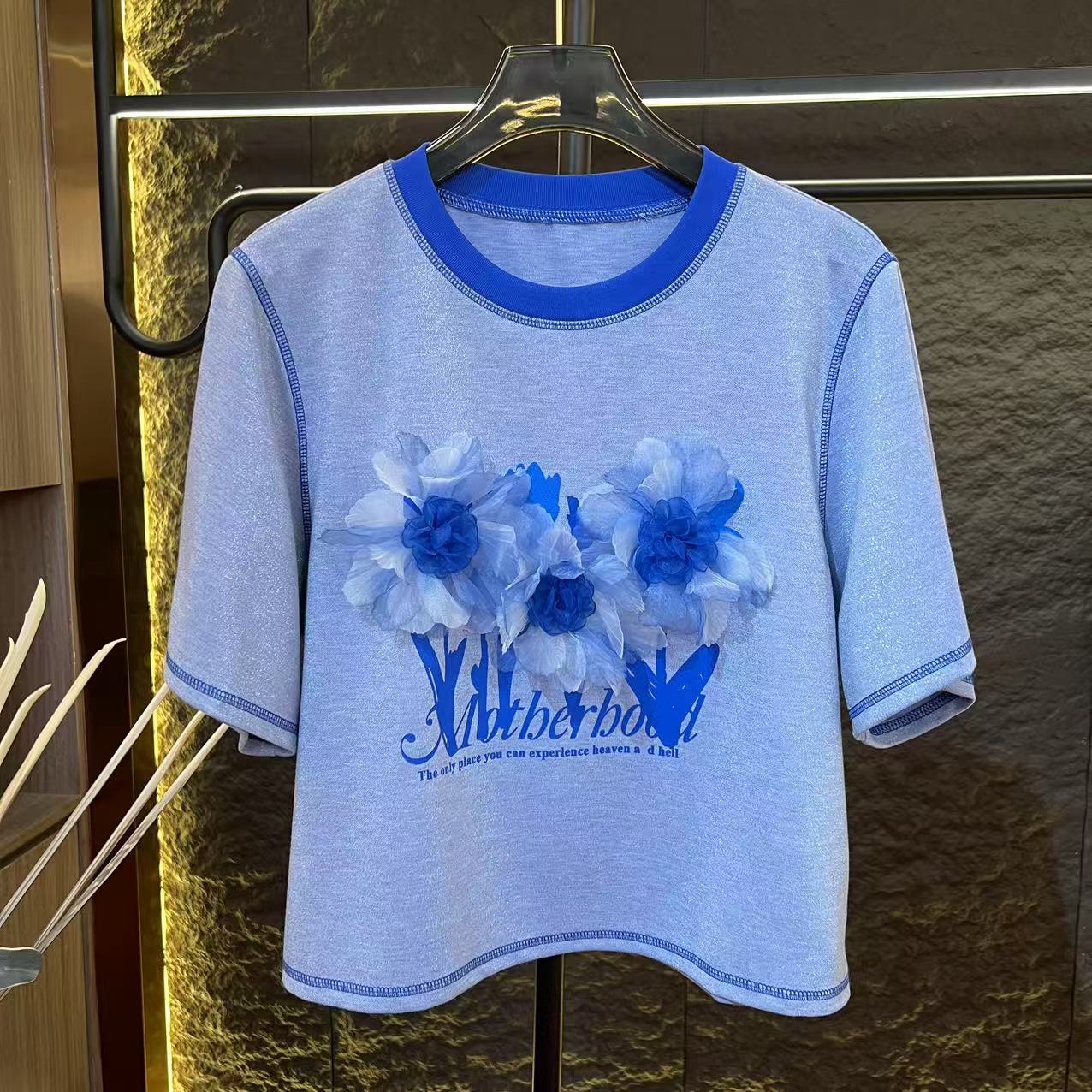 (果果专属）蓝色时尚花朵百搭女士夏季重工短袖圆领T恤A317