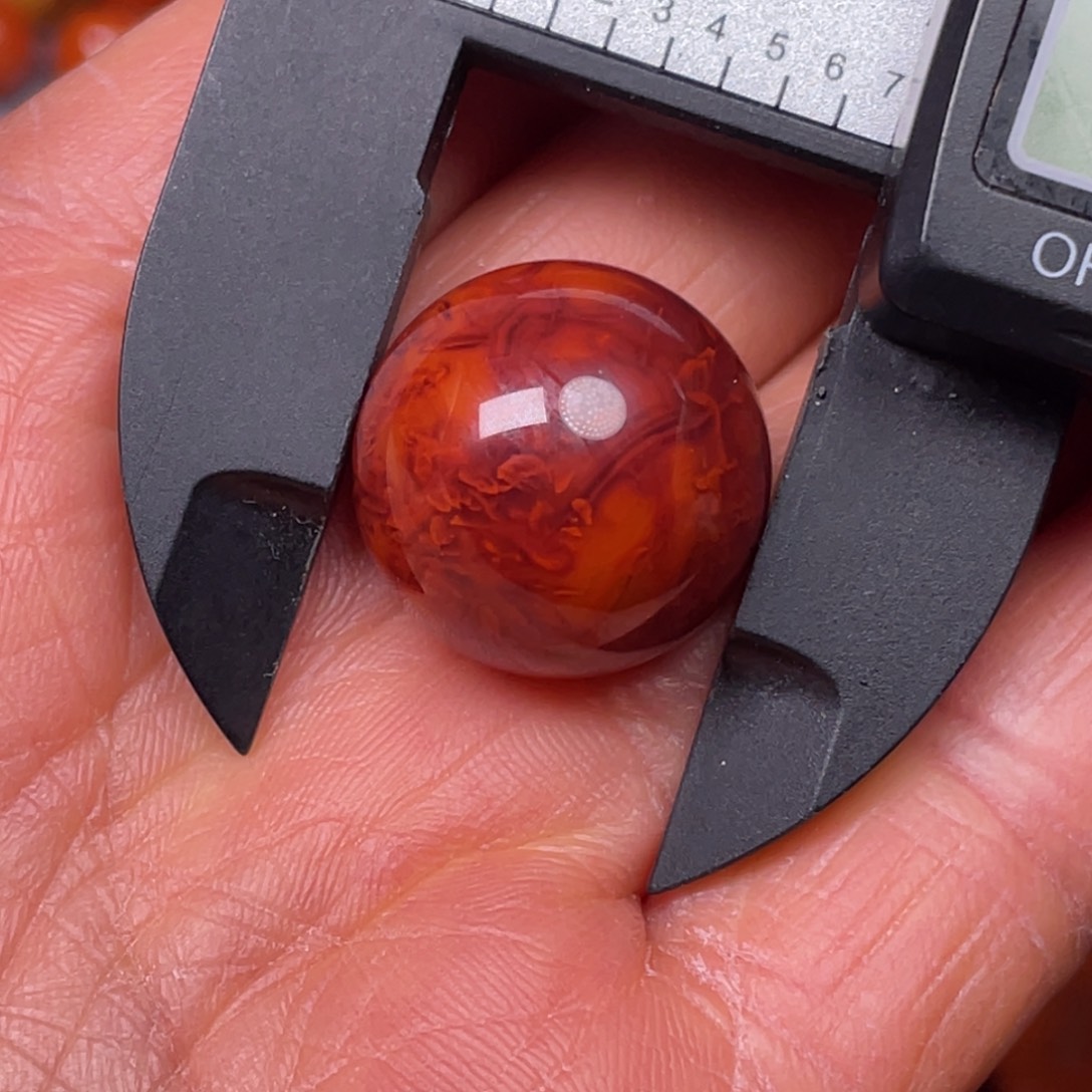 南红玛瑙18K金镶嵌手链牛红火焰纹珠子17.7mm7.8克