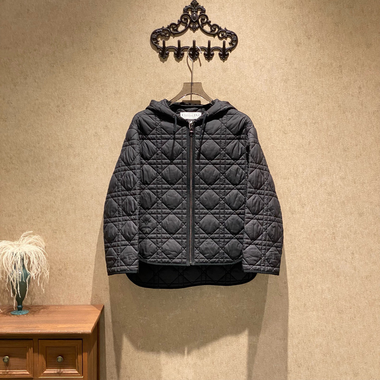 未使用 DIOR/迪奥 黑色藤格纹连帽棉服/m码/全新带吊/41987