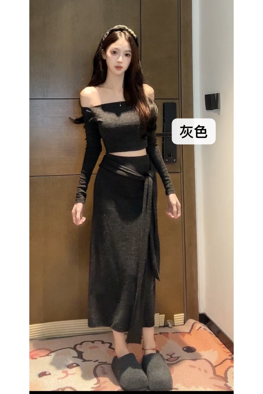 【清仓】纯欲气质辣妹风时尚套装女2025新款复古一字肩长袖T