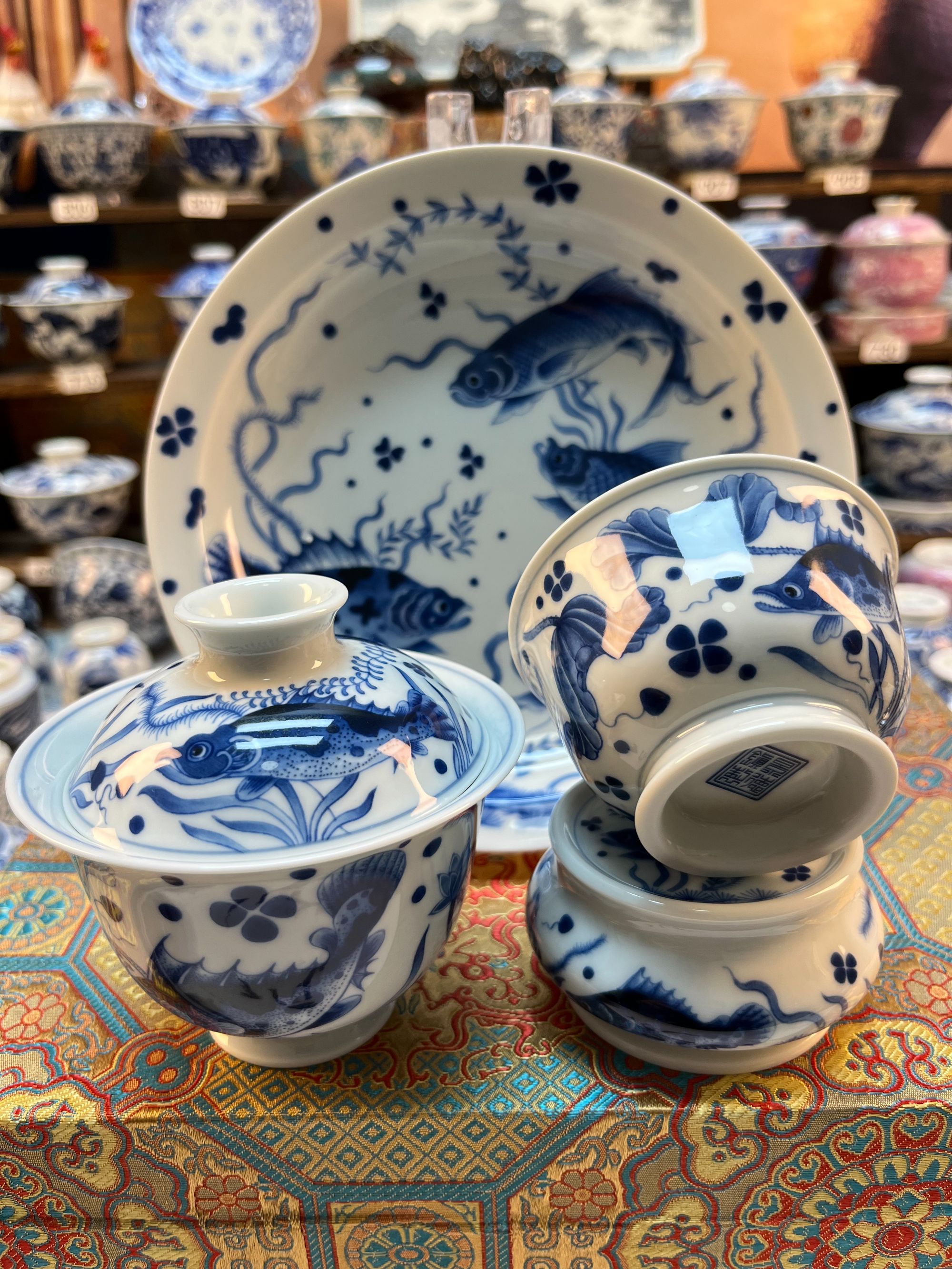 景德镇陶瓷薄胎鱼藻纹高档功夫茶具4件套组釉下彩