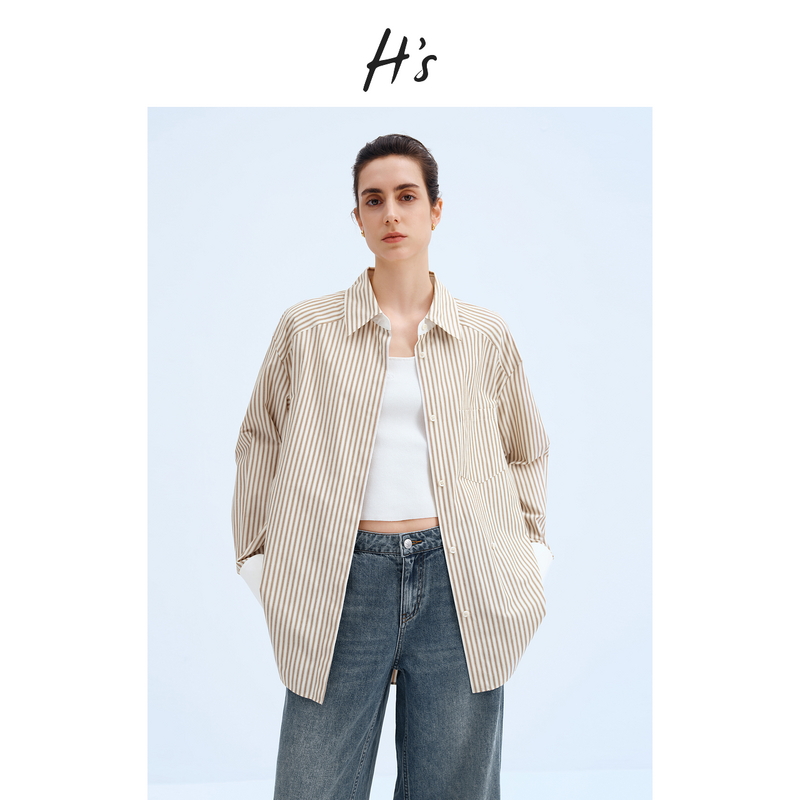 HS棉质条纹衬衫女25春复古摩登松弛廓形经典翻领衬衣