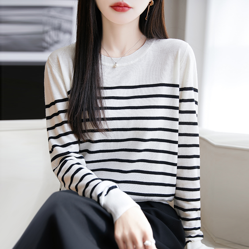 条纹圆领长袖女士桑蚕丝莱赛尔天丝精纺羊毛宽松百搭针织打底衫薄