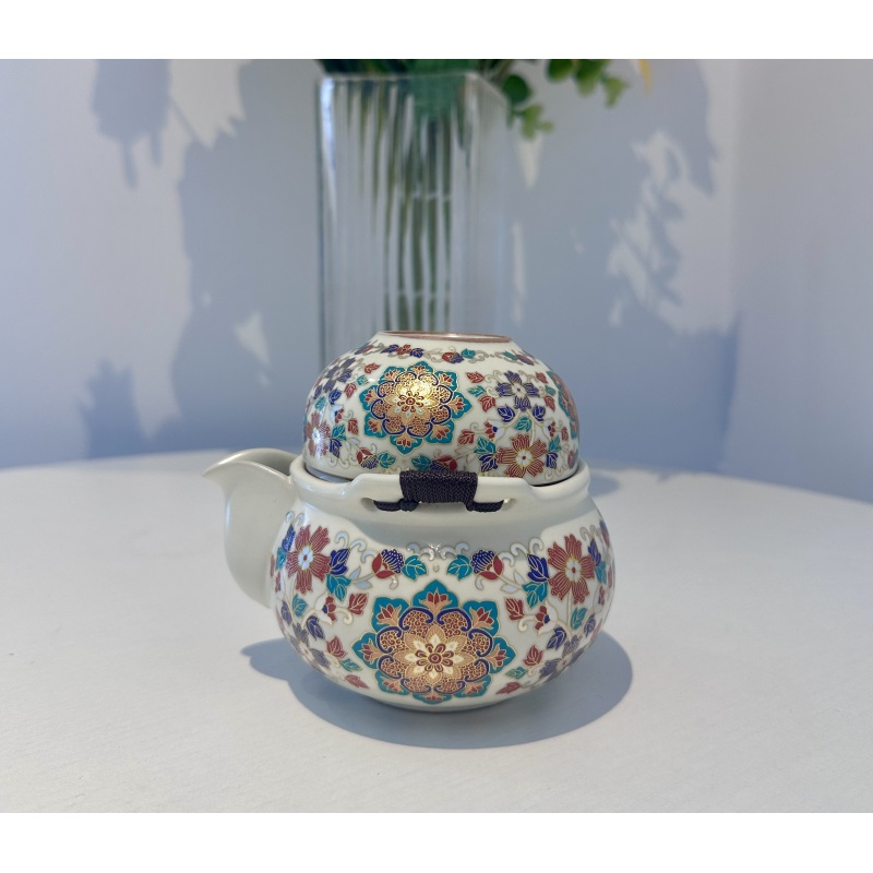 LX121黄汝堆花珐琅满花敦煌手抓壶一壶3杯