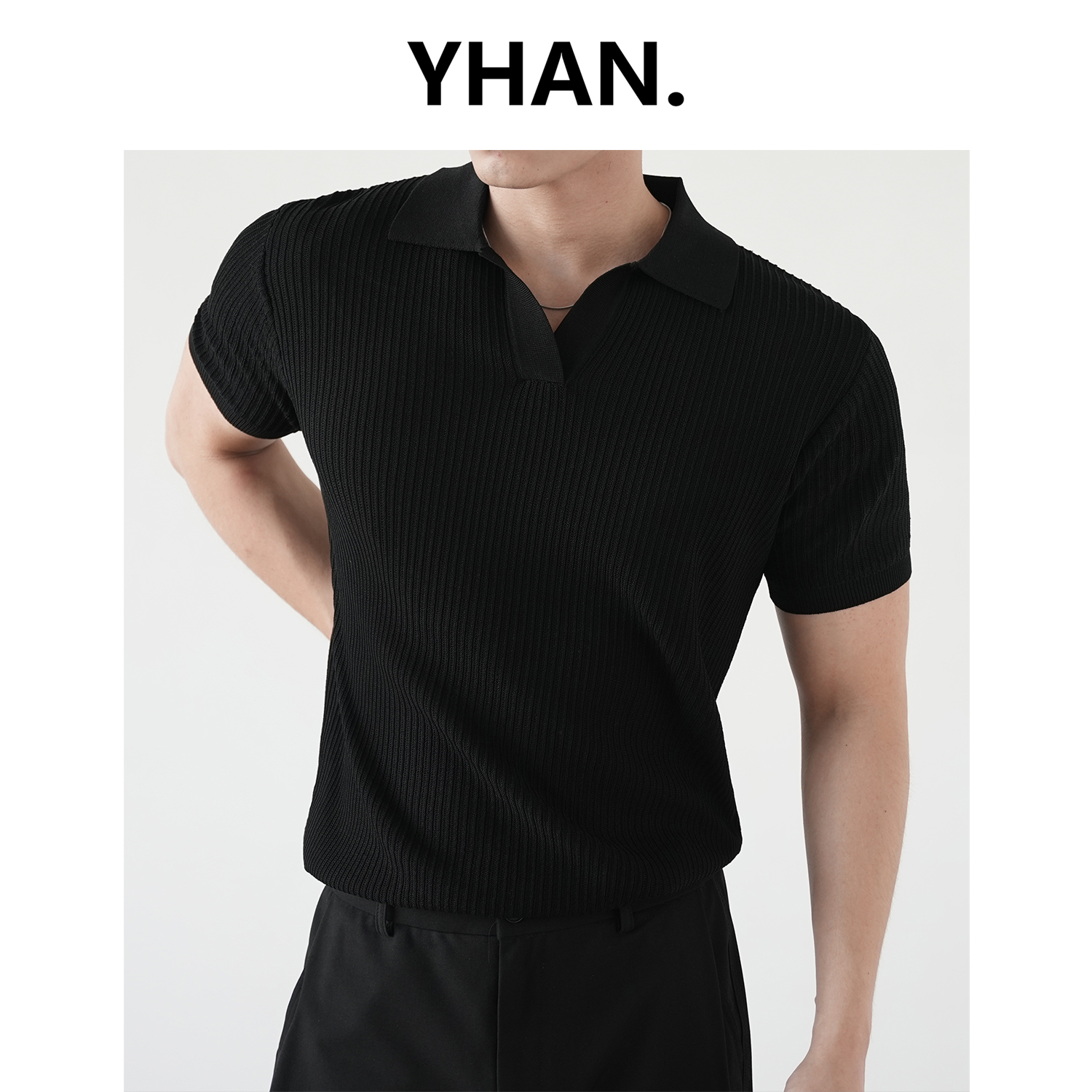 【YHAN】老钱风针织polo衫黑色修身基础V领短袖男夏季正肩半袖潮流 