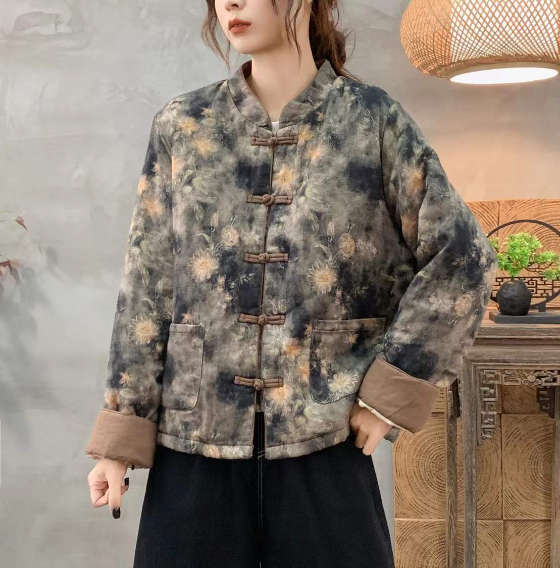 晓妍》复古印花盘扣夹棉棉袄外套冬季保暖新中式加厚外套棉服女