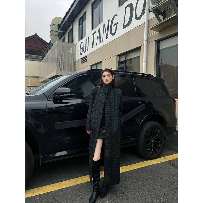 【玄子】格子立领夹棉羊毛大衣女2025秋冬新款