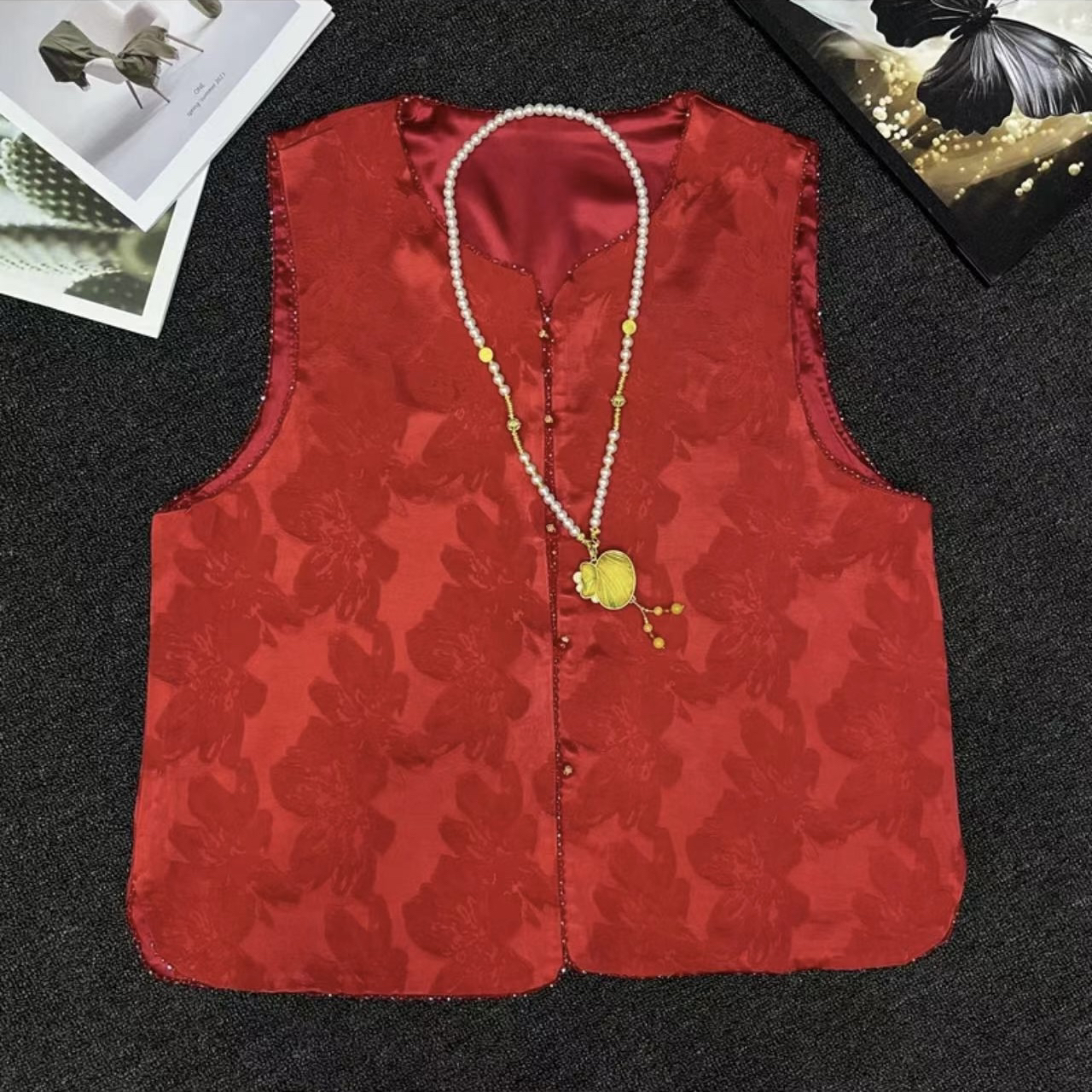 大码新中式提花宽松型民族风薄款秋季黄色奢华风无袖马